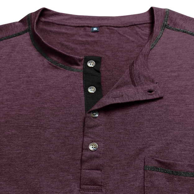 Men's Fashion Contrast-Color Short-Sleeve Henley Base Layer T-Shirt with Round Neck