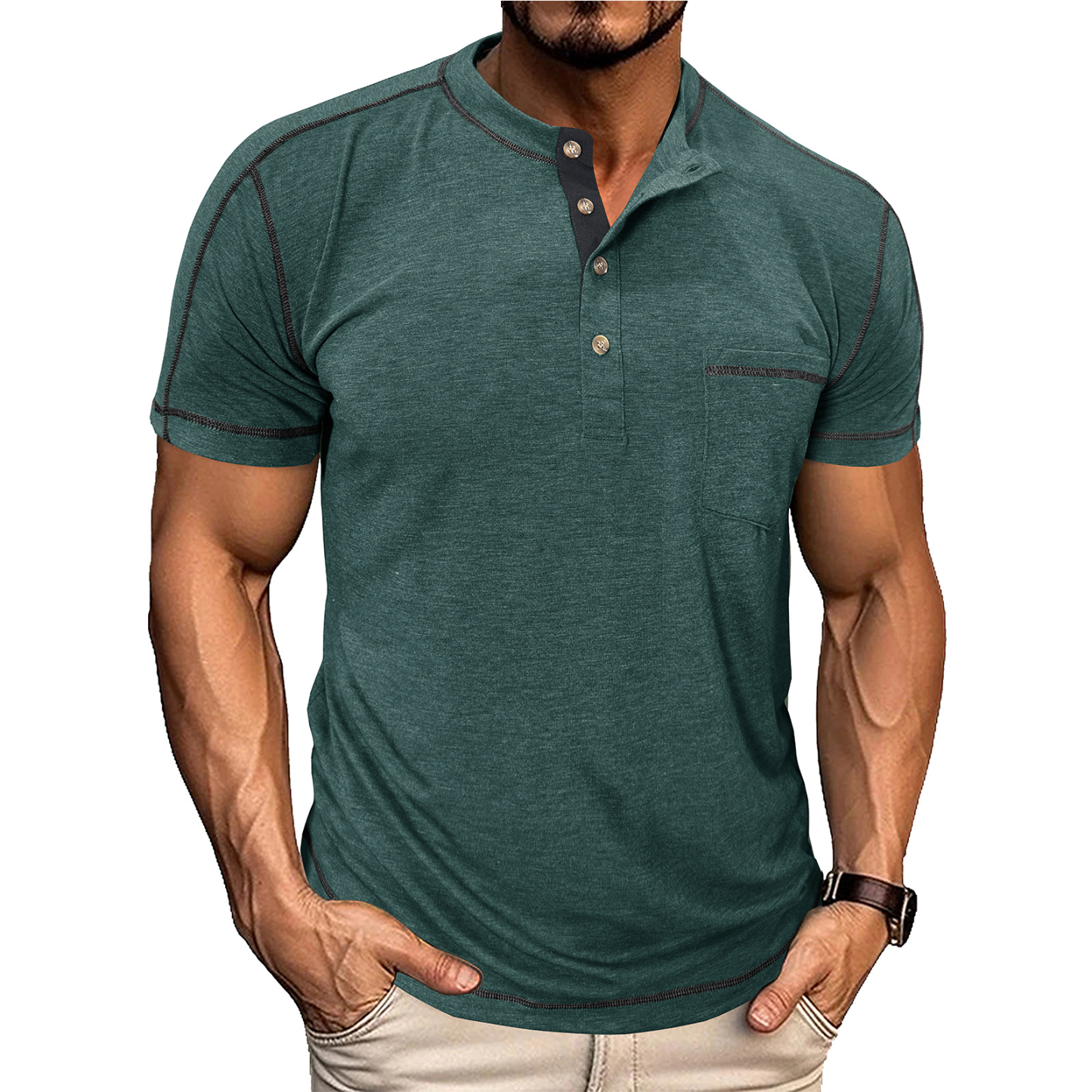 Men's Fashion Contrast-Color Short-Sleeve Henley Base Layer T-Shirt with Round Neck