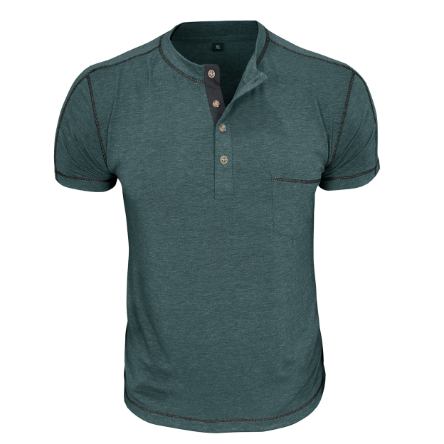 Men's Fashion Contrast-Color Short-Sleeve Henley Base Layer T-Shirt with Round Neck