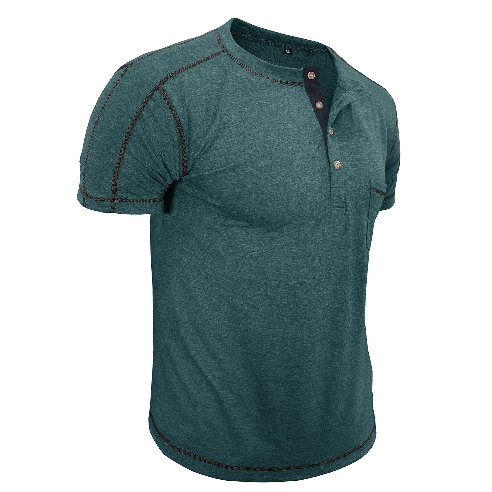 Men's Fashion Contrast-Color Short-Sleeve Henley Base Layer T-Shirt with Round Neck