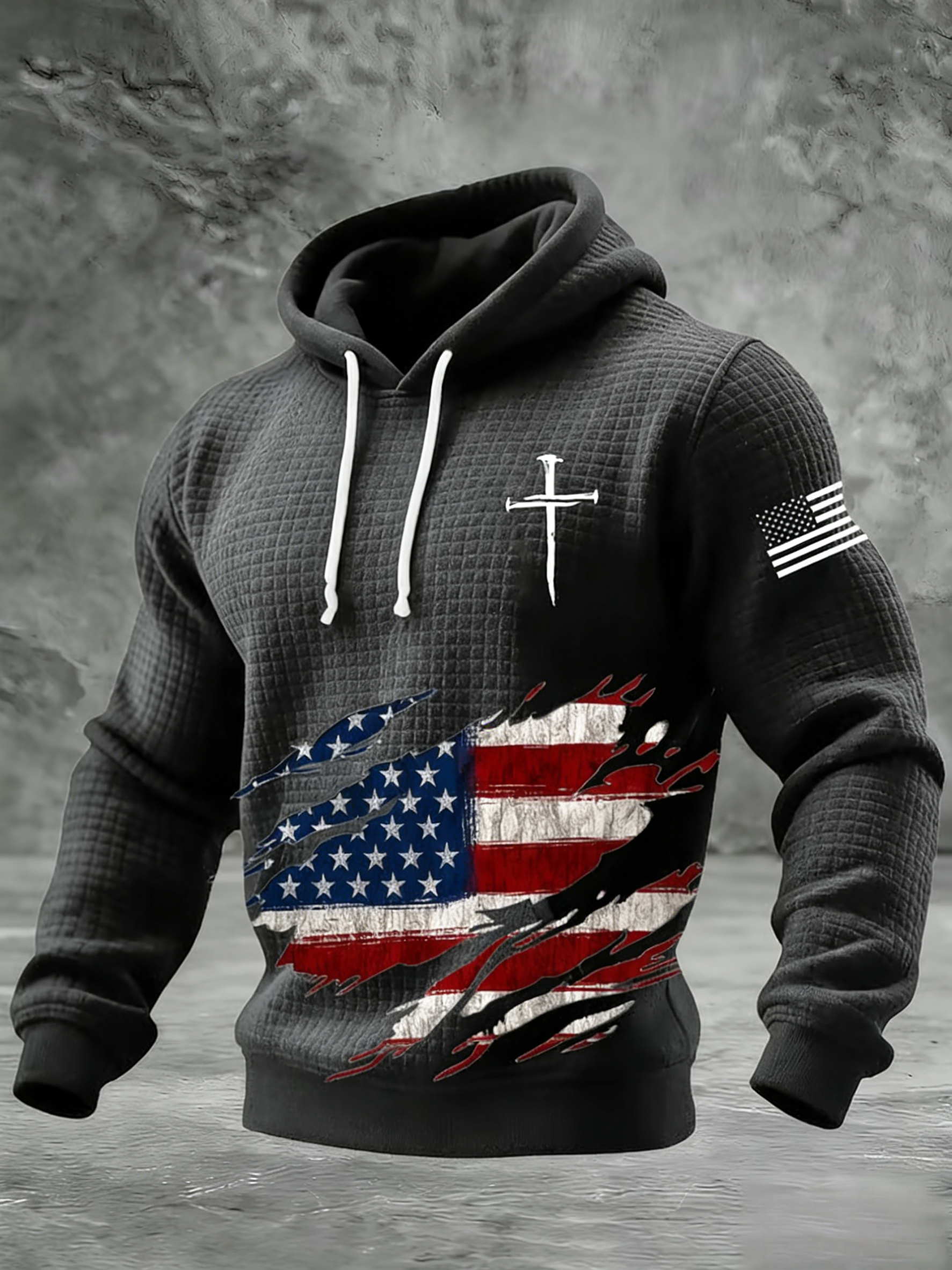 Men's Vintage American Flag Print  Hooded Sweatshirt