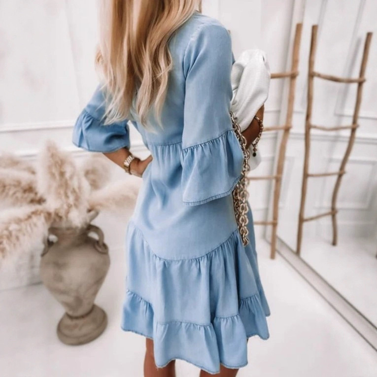 Solid Color Washed Cotton 5/8 Sleeves A-Line Mid-Length Denim Dress