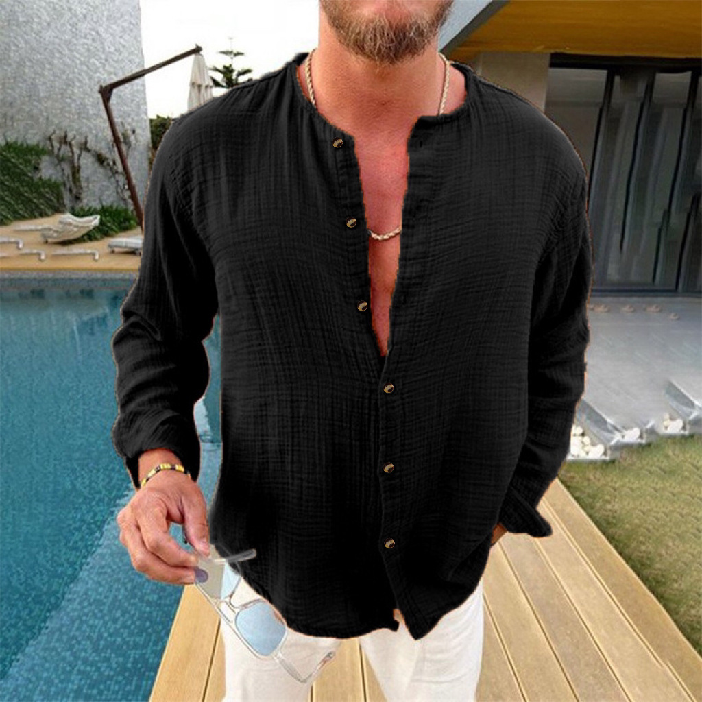 Double-layer Wrinkled Men's Loose Casual Wrinkle-sense Long-sleeved Shirt with Stand Collar