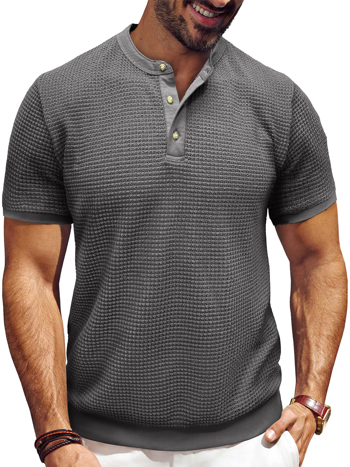 Men's Short-Sleeved Textured Knit Henley T-Shirt Pullover