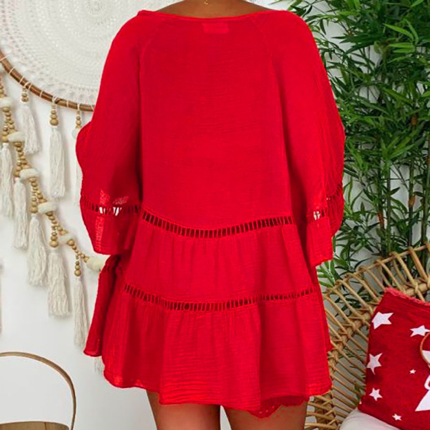 Summer Women's Cotton and Linen V-neck Loose Hollow Three-quarter Sleeve Dress