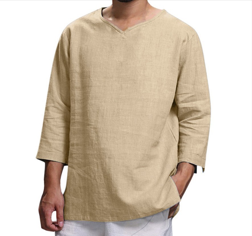 Men's long sleeve V-neck cotton linen loose shirt