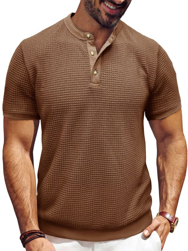 Men's Short-Sleeved Textured Knit Henley T-Shirt Pullover