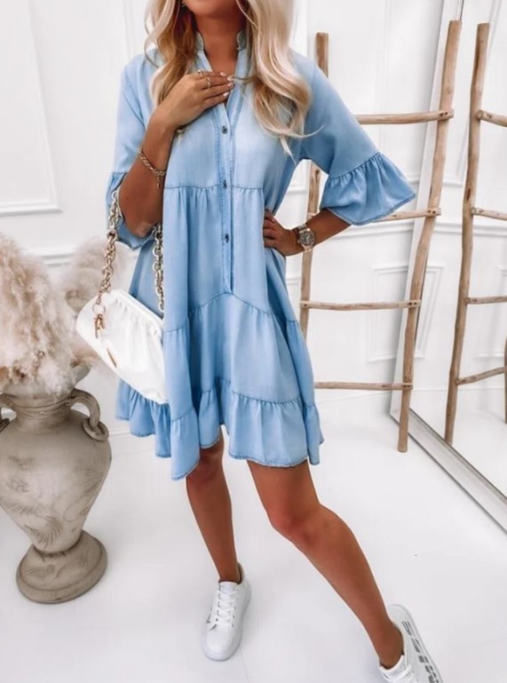 Solid Color Washed Cotton 5/8 Sleeves A-Line Mid-Length Denim Dress