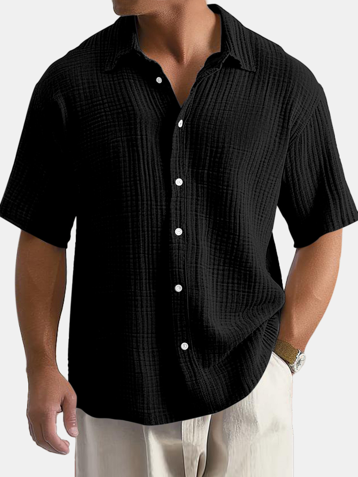 Men's Casual Cotton Short-sleeved Shirt with Lapel