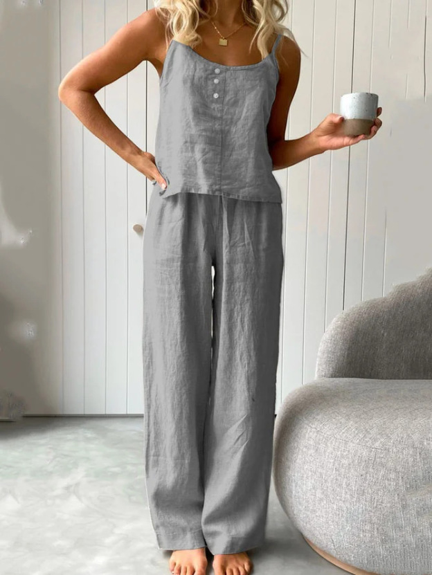 Women's casual sleeveless top and pants cotton and linen set