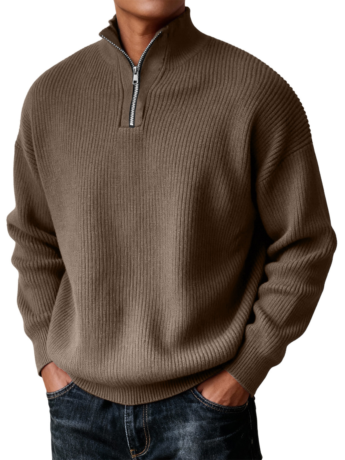 Men's Simple Zipper Turtleneck Casual Knitted Sweater Christmas and New Year Sweater