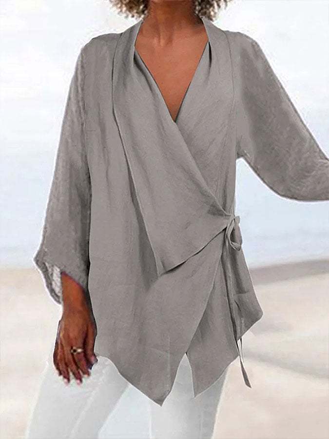 Women's cotton and linen lapel lace-up casual shirt