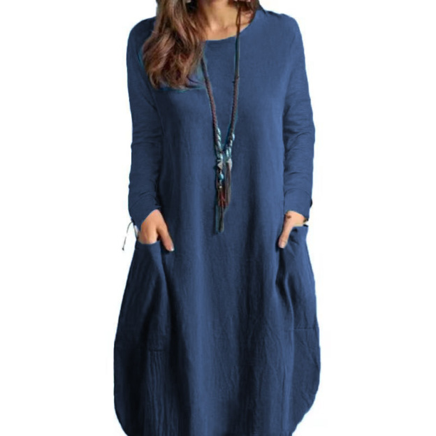 Cotton and Linen Loose Casual Solid Color Dress