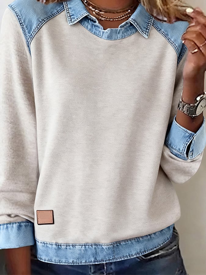 Women'S Casual Lapel Denim Stitching Pullover Sweatshirt