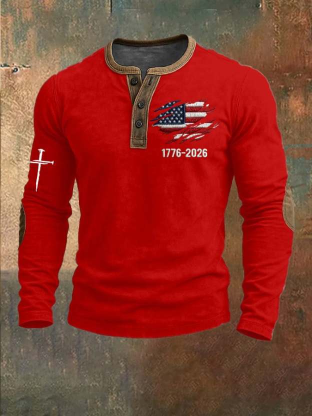Men's US 250th Anniversary 1776-2026 Henley Collar Top – Distressed Flag Print & Cross Detail Long Sleeve Shirt