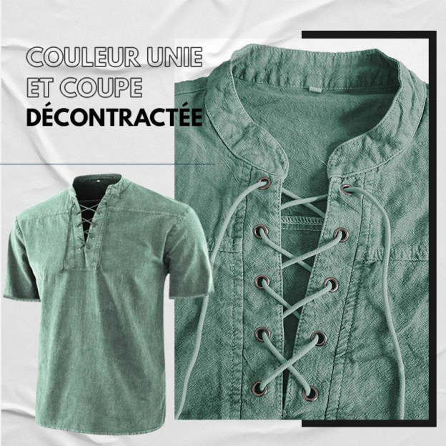 Men Gothic Retro T Shirt Lace-up V-neck Linen Pocket Short Sleeve Tee Shirt Loose Tops