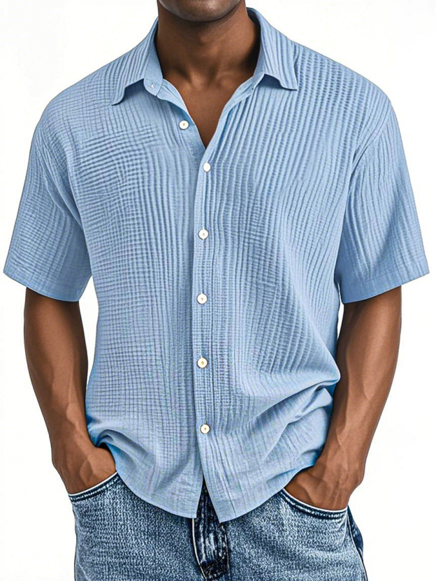 Men's Casual Loose And Comfortable Textured Short-sleeved Shirt