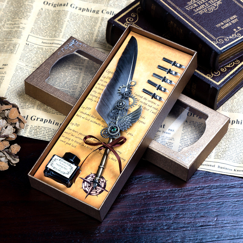 🎅🎁Best Christmas Gift 50%OFF - Deluxe Gift Boxed Retro Feather Calligraphy Dip Quill Pen Set - Natural Goose Flight Wing