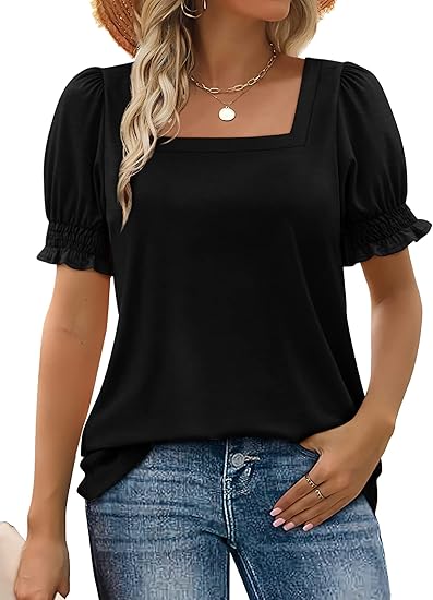 WIHOLL Tops for Women Summer Casual Ruffle Trim Sleeve Square Neck T S