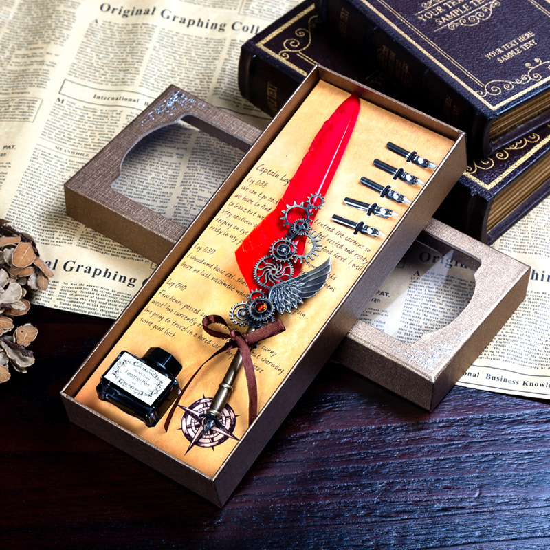 🎅🎁Best Christmas Gift 50%OFF - Deluxe Gift Boxed Retro Feather Calligraphy Dip Quill Pen Set - Natural Goose Flight Wing