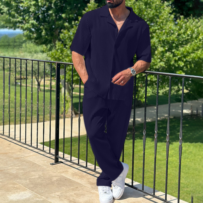 2025 Spring solid color sports men's suit fashion casual short sleeve pants two-piece set