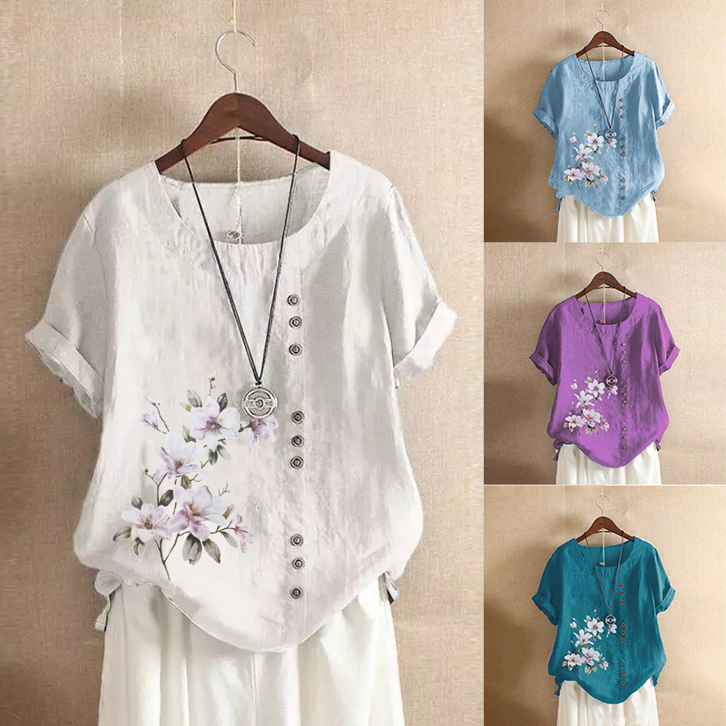 Ladies summer autumn retro casual loose cotton linen short sleeve T-shirt wood