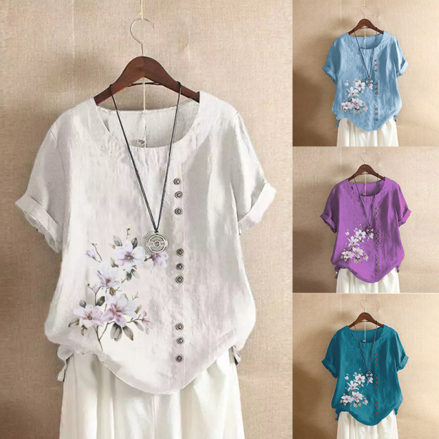 Ladies summer autumn retro casual loose cotton linen short sleeve T-shirt wood