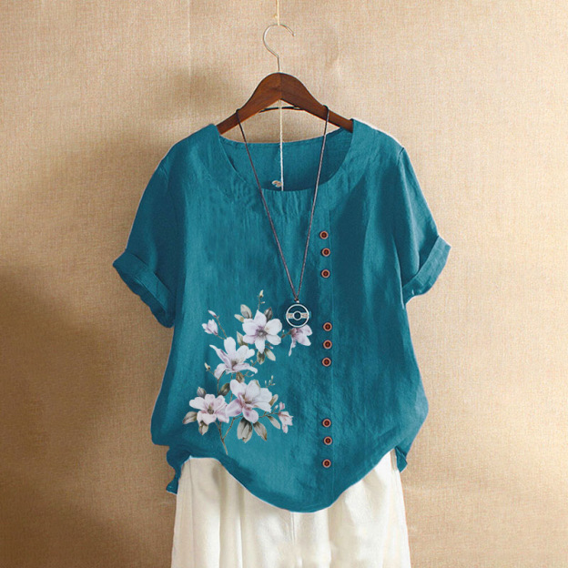 Ladies summer autumn retro casual loose cotton linen short sleeve T-shirt wood