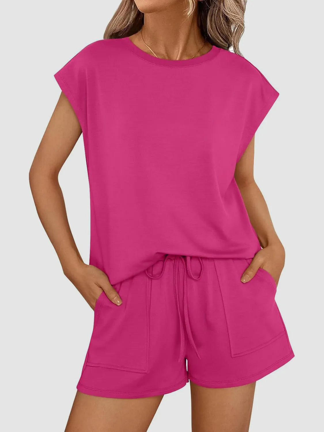 Round Neck Cap Sleeve Top and Shorts Set