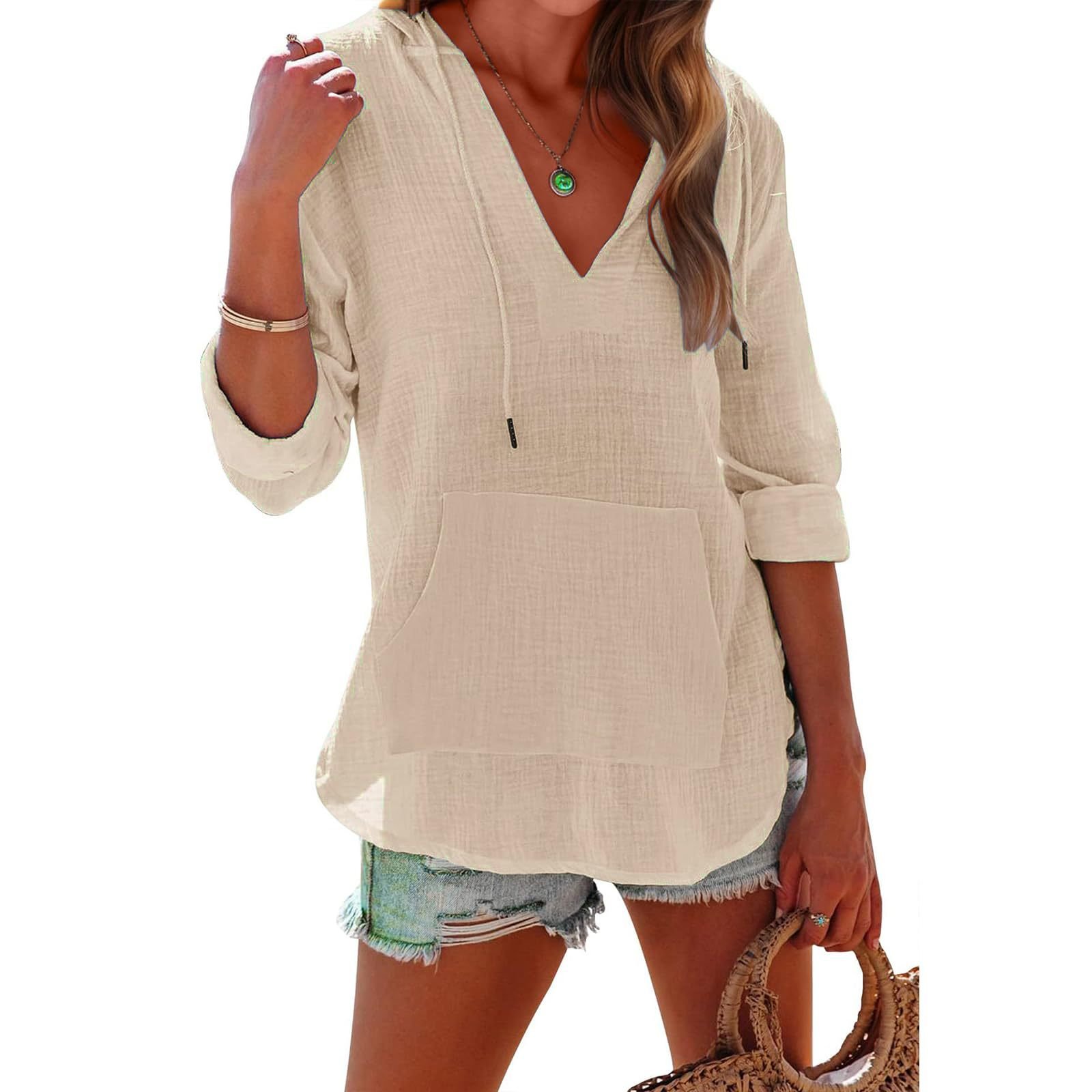 Women's Oversized Hooded Beach Cover Up - Long Sleeve V-Neck Pocket Sh