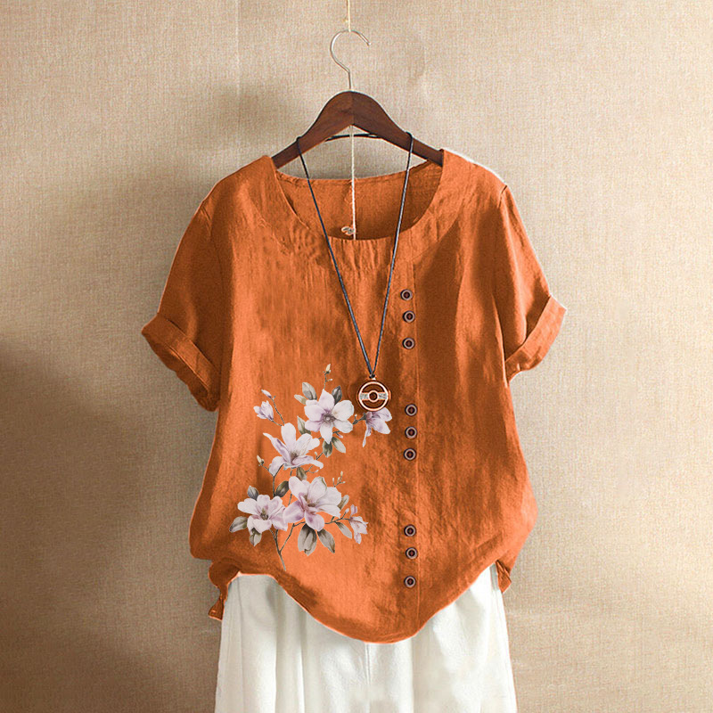 Ladies summer autumn retro casual loose cotton linen short sleeve T-shirt wood