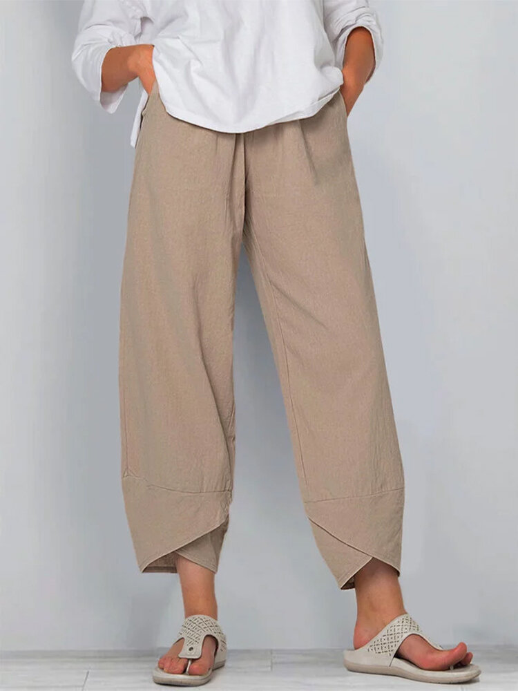 Women's Solid Color Loose Elegant Casual Simple Cotton And Linen Ninth Pants