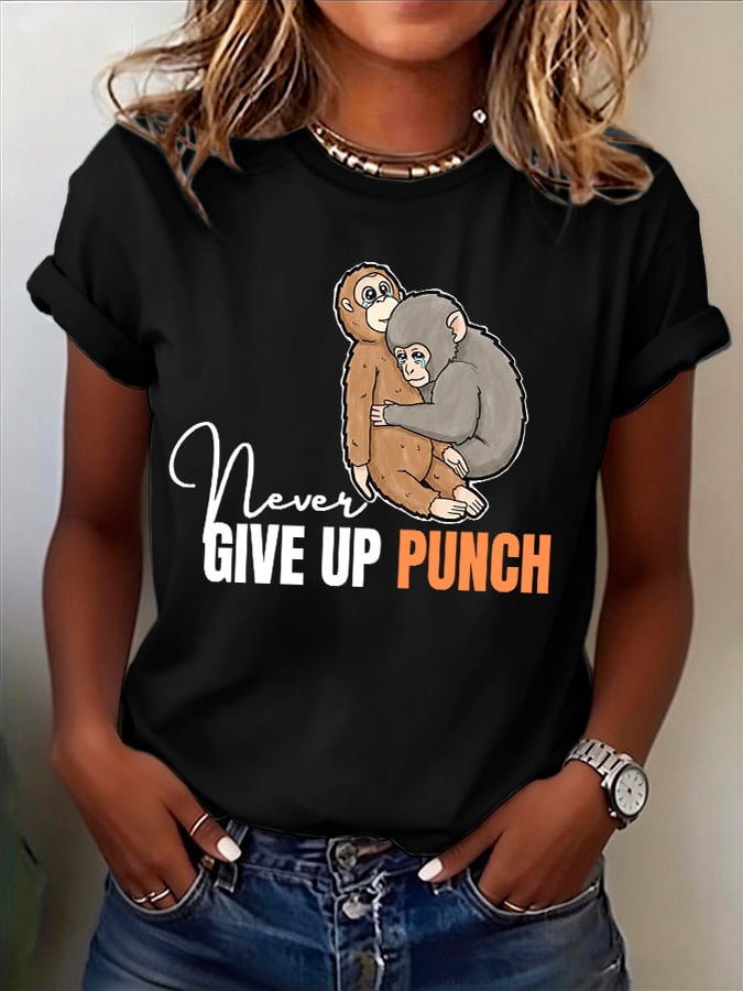 Women's Retro Baby Monkey Punch Never Give Up Print T-shirt