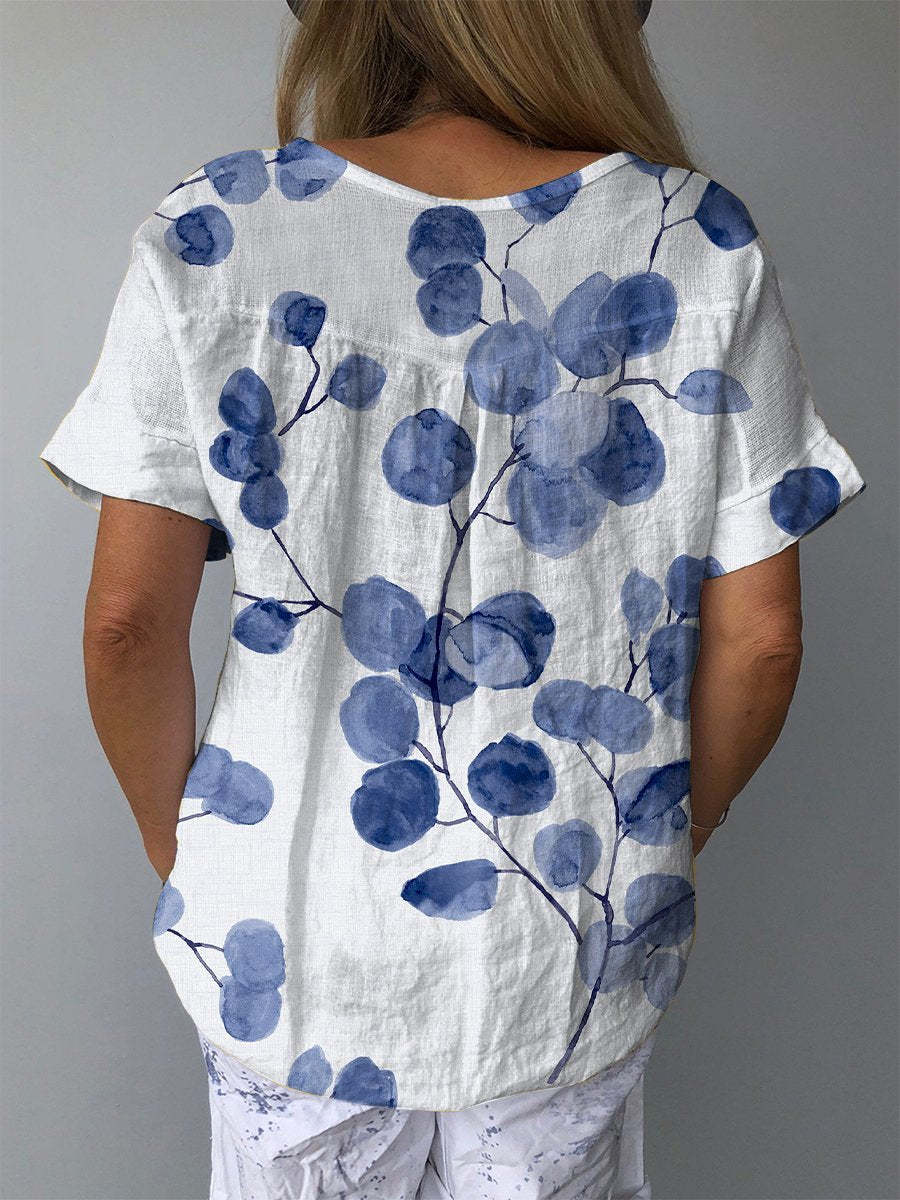 Women's Retro Botanical Floral Print Casual Cotton And Linen Shirt