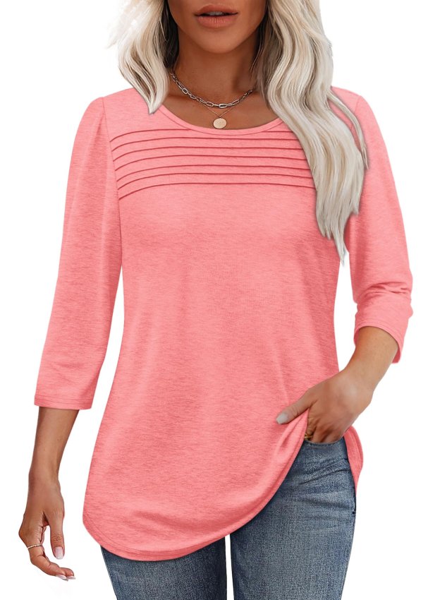 NEW🔥 2025 Women's 3/4 Length Sleeve Top Pleated Front T-Shirt