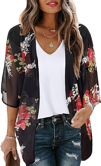 Women's Floral Print Puff Sleeve Kimono Cardigan Loose Cover Up Casual