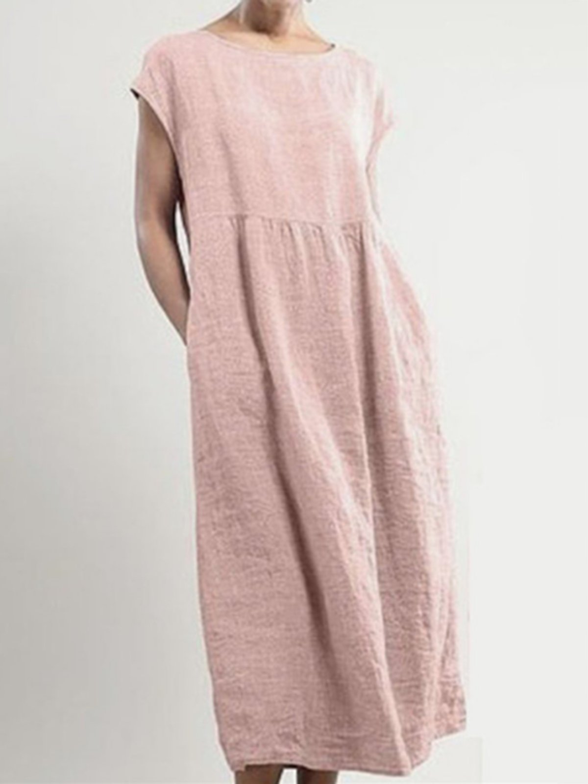 Greattioa-Solid color sleeveless loose cotton and linen pocket dress