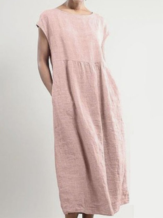 Greattioa-Solid color sleeveless loose cotton and linen pocket dress