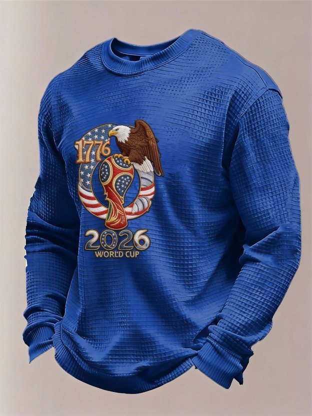 Men's US 250th Anniversary 1776-2026 Waffle-Knit Long Sleeve – Eagle & World Cup Patriotic Graphic Tee