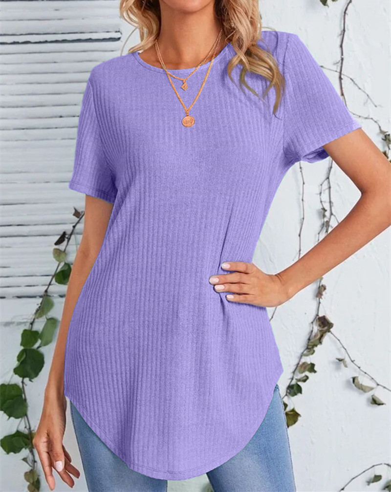Buttoned Back Rib-knit Curved Hem Top