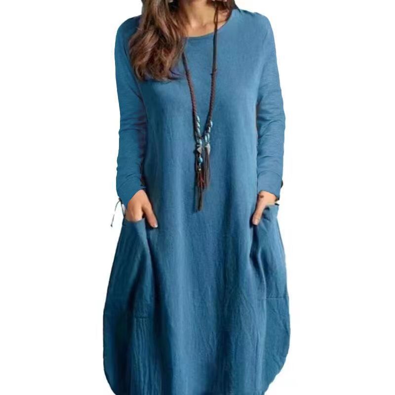 Cotton and Linen Loose Casual Solid Color Dress