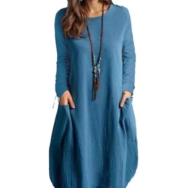 Cotton and Linen Loose Casual Solid Color Dress