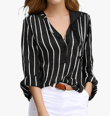 Astylish Women V Neck Striped Roll up Sleeve Button Down Blouse Tops