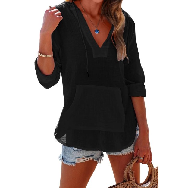 Women's Oversized Hooded Beach Cover Up - Long Sleeve V-Neck Pocket Shirt