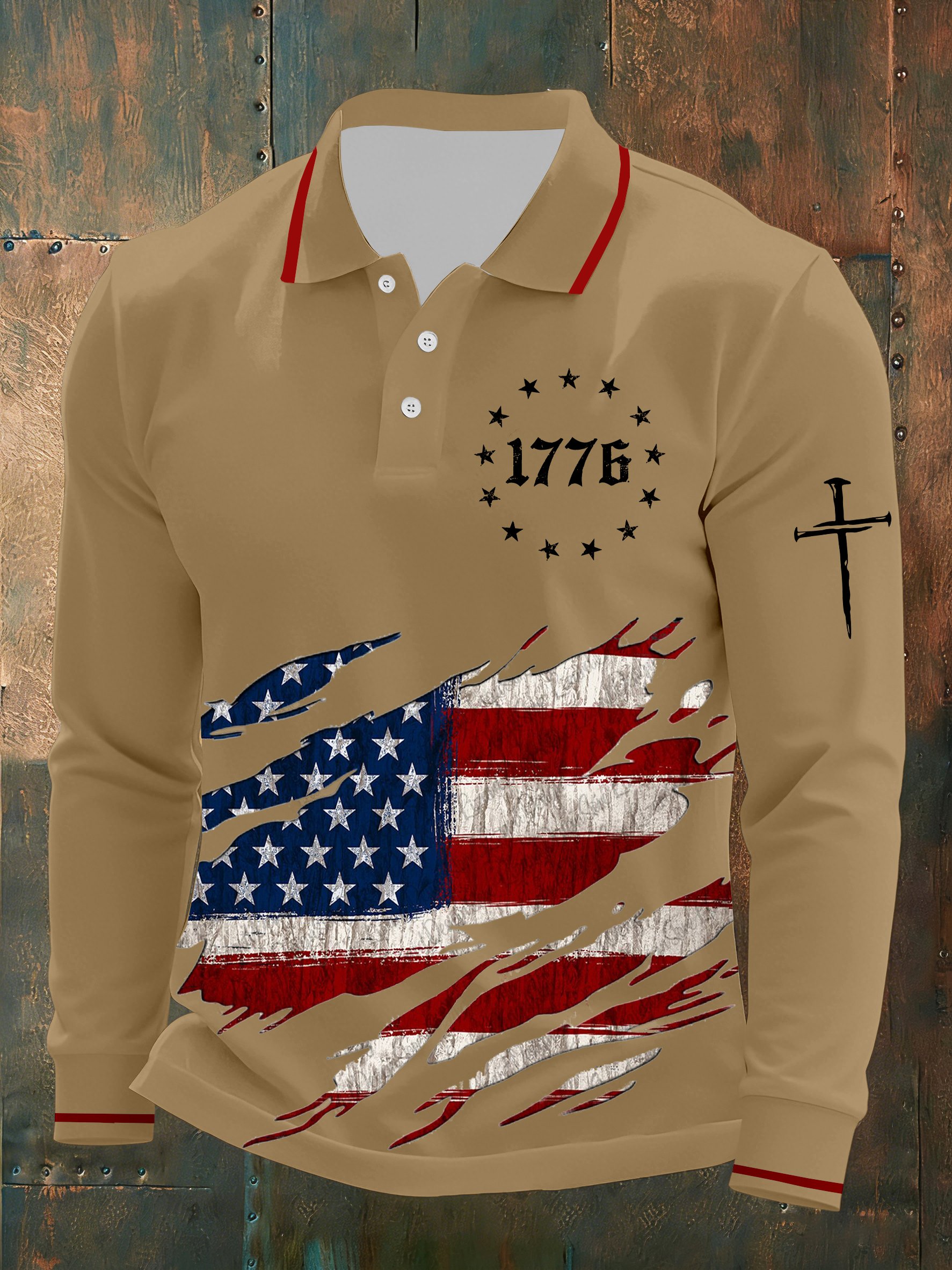 Patriotic 1776 American Flag Print Long-Sleeve Polo Shirt – Distressed