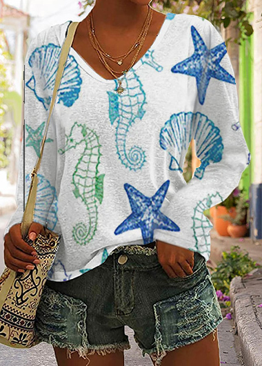 Ocean Style Sea Star Printed Long-Sleeved Colorful Cotton T-Shirt