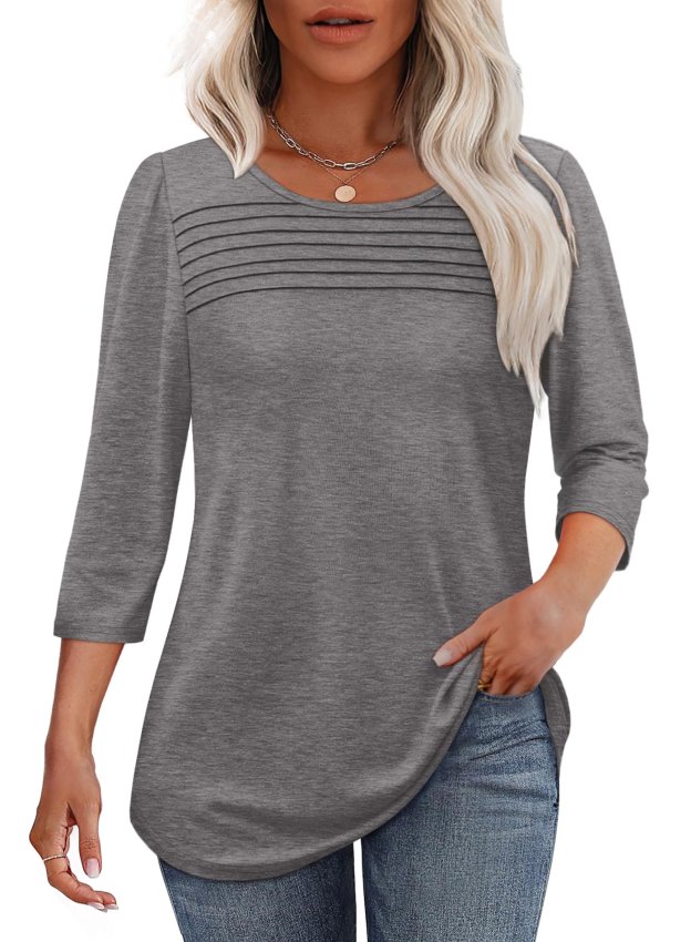 NEW🔥 2025 Women's 3/4 Length Sleeve Top Pleated Front T-Shirt