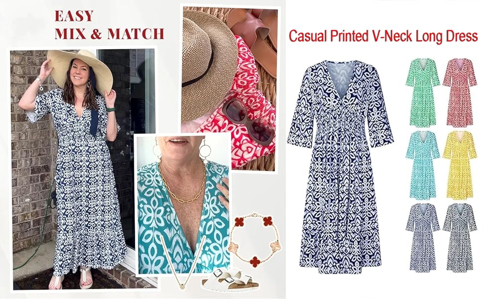 L&auml;ssiges langes Kleid mit V-Ausschnitt