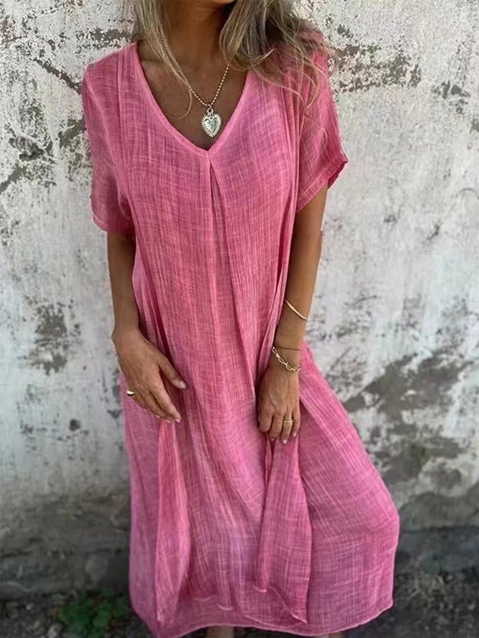 Women'S Solid Color V-Neck Linen Dress