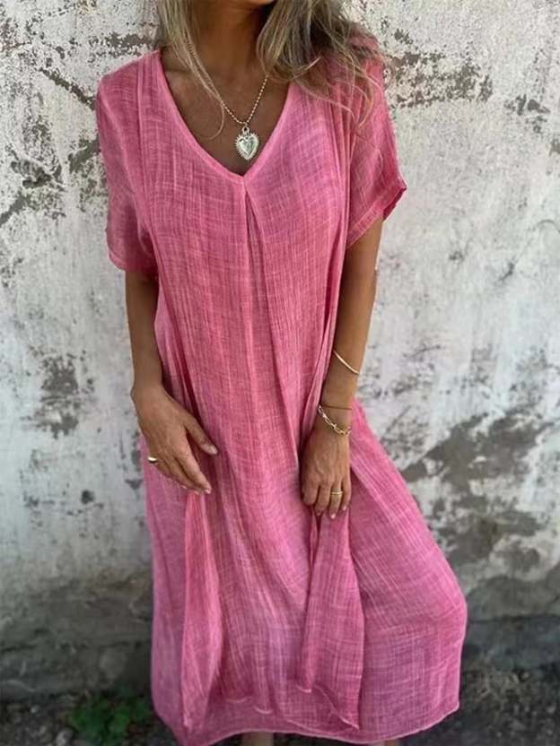 Women'S Solid Color V-Neck Linen Dress